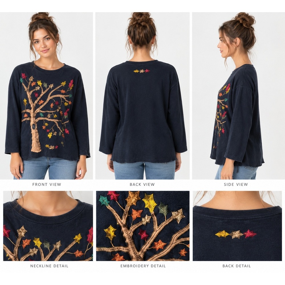 Bechamel Vintage Black Embroidered Autumn Tree Cotton Top XL